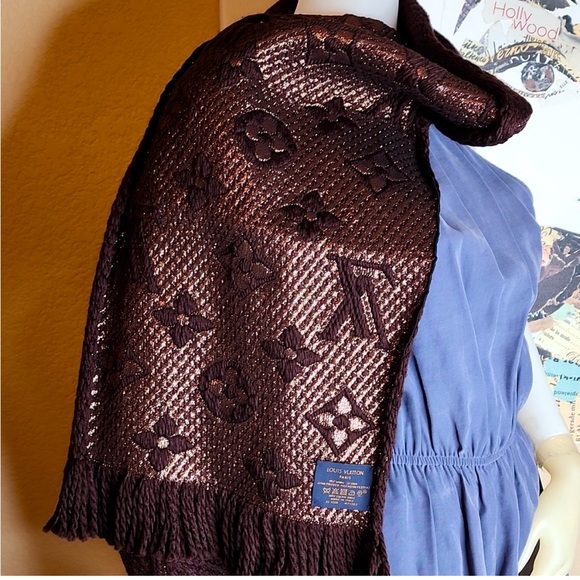 NEW LOUIS VUITTON LV LOGOMANIA WOOL SCARF M71383 BROWN SHINE - Picture 3 of 4